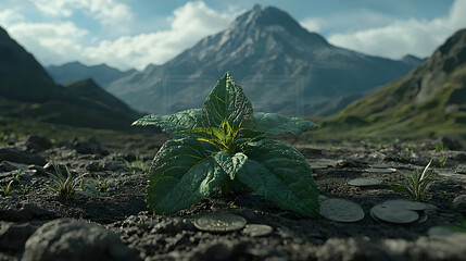 Poster - Plant sprouting amidst coins, mountain backdrop