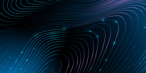 Luminous flowing lines in blue, purple and teal tones over a dark background. Abstract Background for advertising campaigns, digital interfaces, data visualisation. Copy space