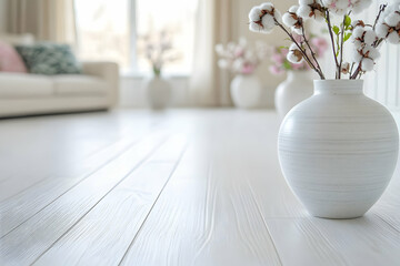 Poster - White vase, cotton flowers, living room interior