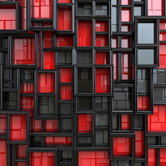 Wall Mural - A dynamic arrangement of glossy black frames, some with red interiors and some with grey, creates an abstract layered pattern.