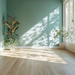 Wall Mural - Sunlit room with light green walls, wooden floor, houseplants, and shadow patterns from trees outside.