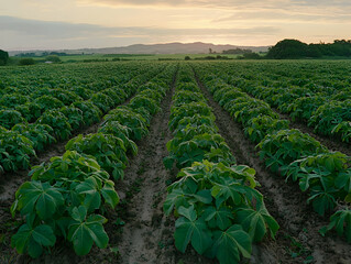 Poster - Sunrise over lush cassava field, rural landscape