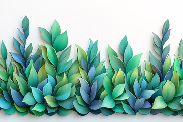 Wall Mural - Layered, stylized leaves in shades of green and blue create a vibrant, nature-inspired border against a white background.