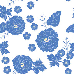 Wall Mural - Blue rose flowers, leaves, white background. Floral illustration. Vector seamless pattern. Botanical design. Nature summer plants 