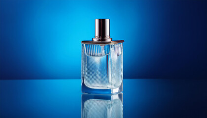 elegant perfume bottle display on blue background product photography minimalist style