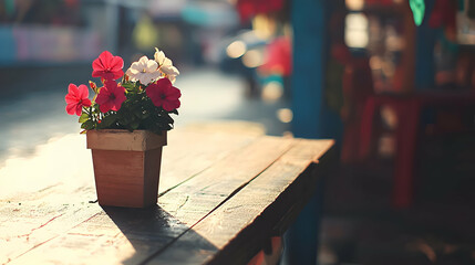 Poster - Flowers in pot on wooden table, street blur