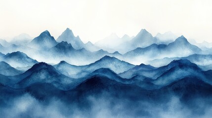 Wall Mural - Serene watercolor mountains in shades of blue, creating a peaceful landscape.