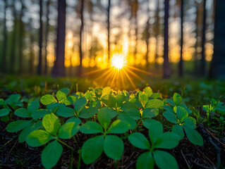 Poster - Sunset forest floor, clover plants, nature background