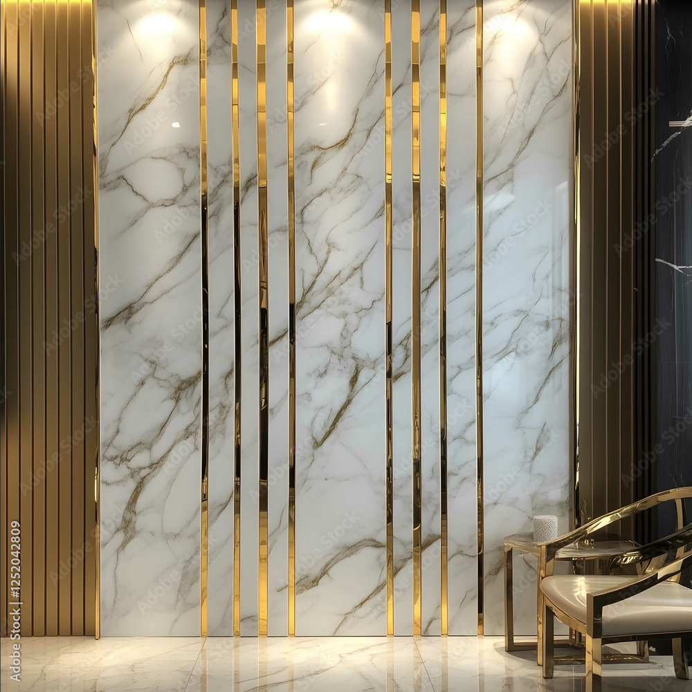 Foto De Stock Efeito Marmore Branco E Cinza Com Folhas De Ouro E Fita