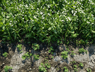 Poster - White flowers, green plants, dry soil. Agriculture field. Background Sunny day. Use Agriculture website