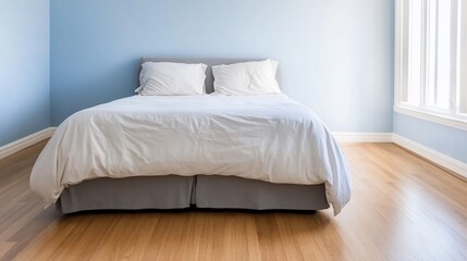 Wall Mural - Empty Bedroom Interior, Light Blue Walls, White Bed