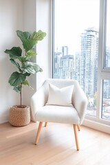 Wall Mural - Modern chair, city view, plant, cozy corner. Interior design