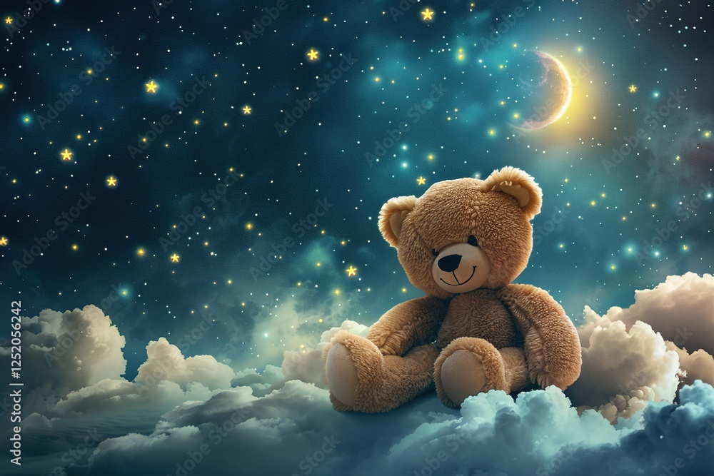 Adorable Teddy Bear Sitting on Fluffy Clouds Under a Starry Night Sky ...