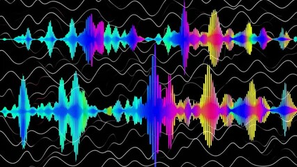 Poster - Colorful digital soundwave patterns on black background, audio visual concept