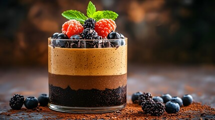 Wall Mural - Layered chocolate mousse dessert with berries and chocolate sauce on a white plate