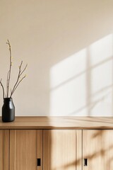 Wall Mural - Minimalist Room, Natural Light, Vase, Wooden Cabinet