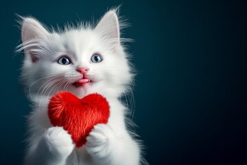 Wall Mural - Turkish angora - my beloved cat. Ad visual idea layout. Cute turkish angora young cat with fluffy red heart - sign of love, funny greeting card. Heart photo pet. Heart-shaped kitten photo.