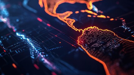 Global network data flow visualization; digital map background; technology concept