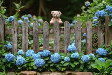 Wall Mural - Teddy Bear Behind Vintage Wooden Garden Fence With Hydrangea Flowers