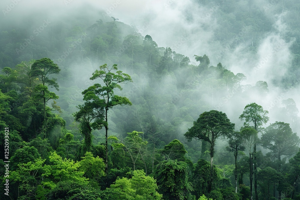 Lush Green Forest with Misty Fog Covering the Canopy Stock Photo ...