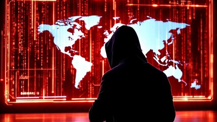 Silhouette of Hooded Figure at Red Digital World Map Screen