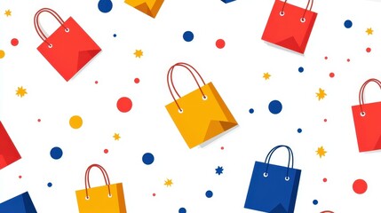 Wall Mural - This vibrant 2D vector pattern features stylish shopping bags on a minimalist white backdrop, accented with red and yellow pops.