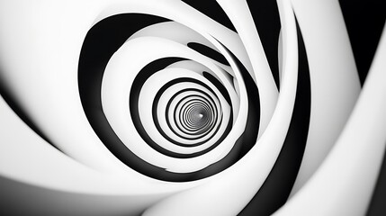 Wall Mural - A hypnotic black-and-white spiraling optical illusion with sharp contrasts on a white background.