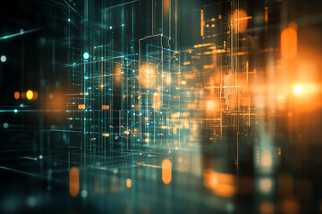 Futuristic digital network with glowing orange and teal data streams, abstract geometric grids, and dynamic connections representing advanced technology and cyber systems