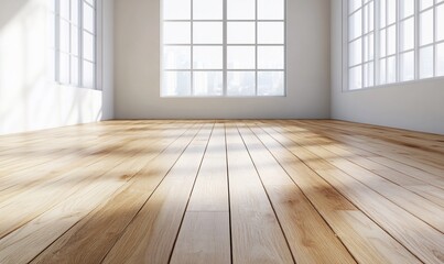 Poster - Empty room with hardwood floor, city view, bright sunlight. Possible use Interior design showcase