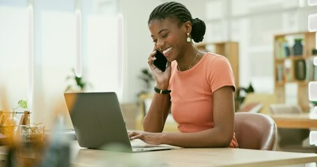 Poster - Phone call, laptop and business woman in the office for communication on b2b deal. Technology, smile and African female designer on mobile conversation with cellphone and computer in modern workplace