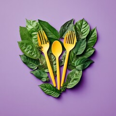 Canvas Print - Heart-shaped arrangement of yellow utensils on green leaves, purple background.  Possible use Sustainable eating concept