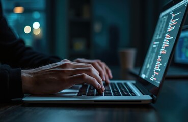 close-up of man hands typing program code on laptop in dark office. cyber criminal hacking corporate