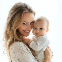 Wall Mural - Joyful caucasian mother holding her baby isolated on white background.