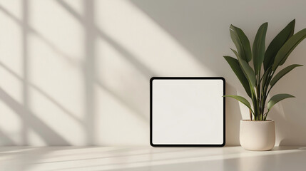 blank horizontal tablet pc mockup, empty tablet screen template on white background , plants in a pot 