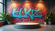 © Viktor - Empty stage podium with colorful graffiti wall, indoor plants. Modern 3D rendering showcase, round platform floor template. Presentation concept, minimal art design, urban street style backdrop,