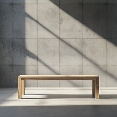 Poster - Wooden table, sunlit concrete room, minimalist design, interior decor