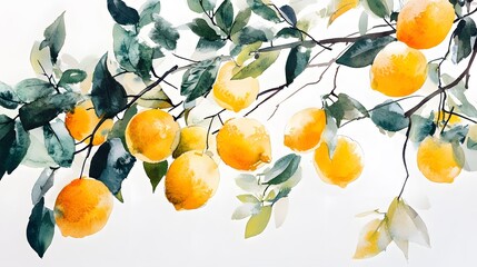 Wall Mural - Lemon tree branch lemons watercolor fruit.
