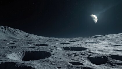 unique perspective of lunar surface with craters. moon satellite celestial body at starry dark night