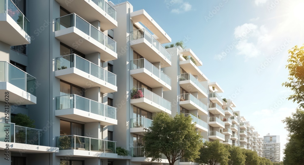 Modern white apartment building with glass balconies in sunlight. Real ...