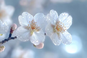 Wall Mural - Delicate White Flowers With Dew Drops