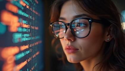 Woman in glasses looks at program code on screen. IT pro works with software engineering, cybersecurity, data research. Data analytics, user interface concept. Programmer at work.