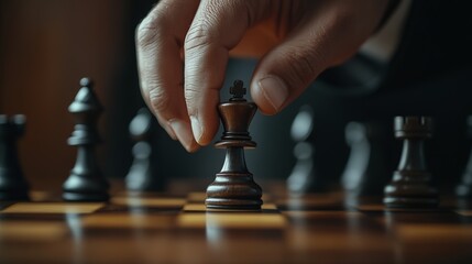 Close up of a person making a strategic move in a chess game indoors with soft lighting