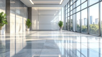 Aufkleber - Sun-Drenched Modern Lobby with City View, A Spacious and Elegant Interior Scene for Commercial or Corporate Use