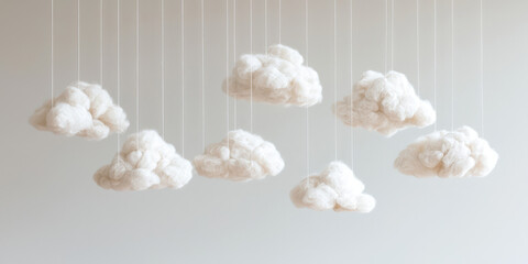 Clouds made of absorbent cotton hang from strings from the ceiling. Handmade Interior decoration.