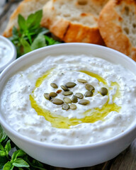 Wall Mural - Creamy Zucchini Soup with Pumpkin Seeds and Fresh Bread