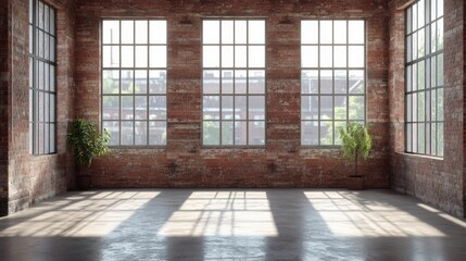Aufkleber - Sun-drenched loft space with exposed brick walls and expansive windows offering city views and botanical accents