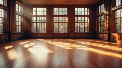 Aufkleber - Sunlit grandeur, A spacious hall with warm wood tones and expansive windows showcases architectural elegance