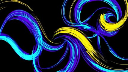 Poster - Dynamic abstract swirling lines in blue and yellow on black background, vibrant digital art concept
