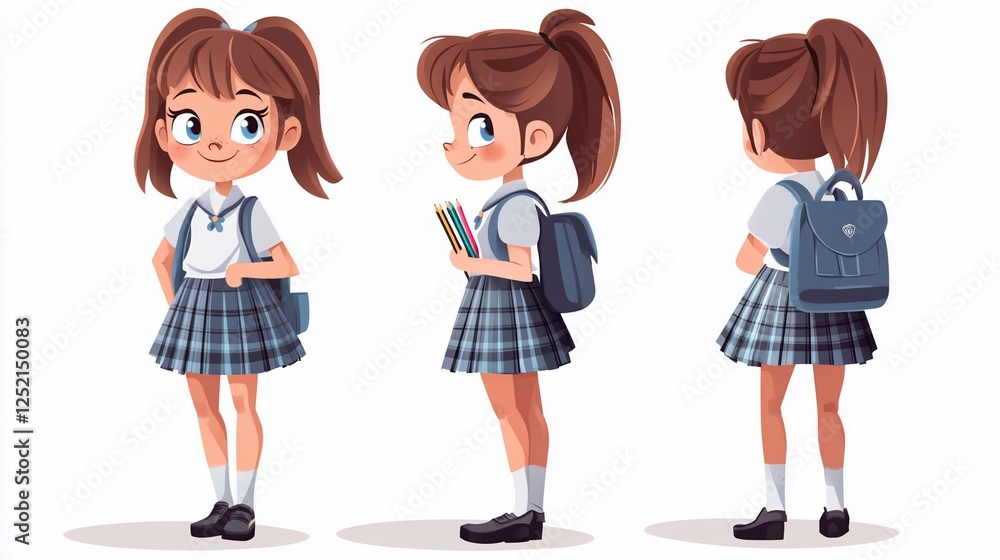 Three views of a school girl cartoon character in uniform with backpack ...