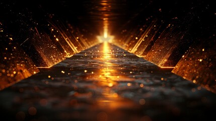 Golden Illuminated Tunnel with Geometric Patterns and Sparkling Bokeh Effect, Abstract Background